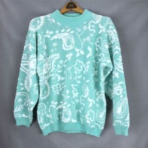 Vintage Blue Floral Metallic Silver Sweater M/L